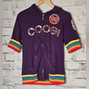 COOGI Short Sleeve Hoodie, Striped Trim, Full Zip Purple with Gold Sequi…